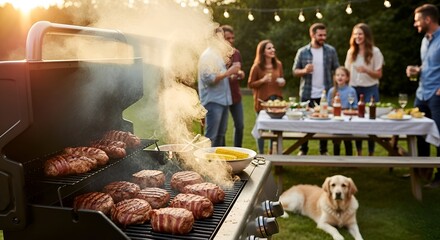 Golden Hour Backyard BBQ with Family and Friends, Sizzling Burgers on Grill.