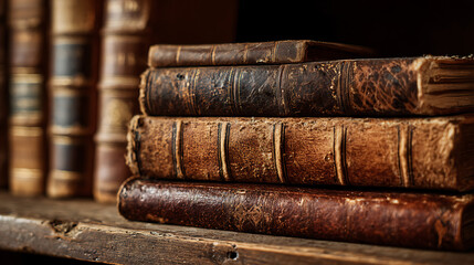 A stack of classic books with worn covers, arranged on a wooden shelf in a library.
