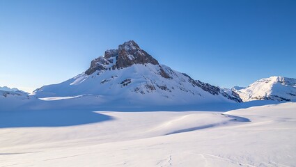 Serene Winter Landscape with Majestic Snow Covered Mountain Peak Under Clear Blue Sky in the Swiss Alps