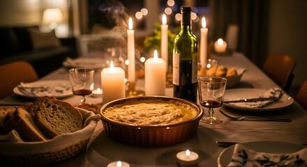 Golden Candlelight Illuminates a Cozy, Festive Dinner Table Spread.