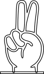 A simple black and white outline drawing of a hand making the peace or victory sign with two fingers raised.