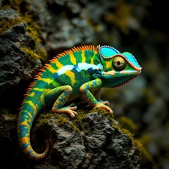 Obraz premium Vibrant veiled chameleon perched on textured mossy branch detailed close-up wildlife photography