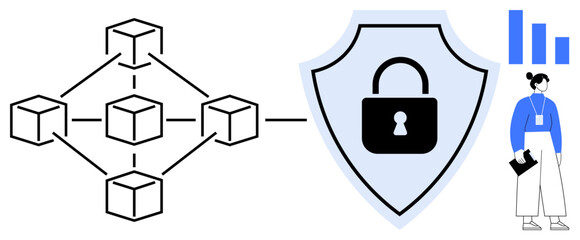 Blockchain nodes interconnected represent information flow, shield symbolizes cybersecurity, and professional analyst observes data charts. Ideal for technology, blockchain, security, data analytics