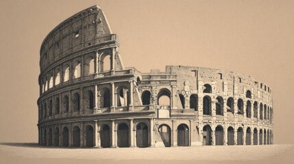 Naklejka premium Sepia hued, partially destroyed architectural amphitheater in Rome against a neutral backdrop