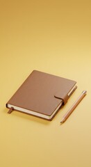 A leather journal with a pencil laid on a yellow background, ready for notes.