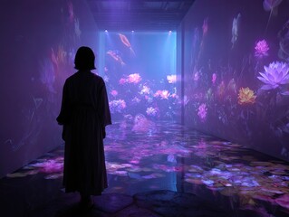 Woman views floral digital art in a dim, immersive corridor
