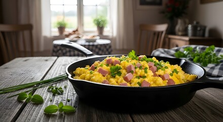 Golden Scrambled Eggs with Diced Ham and Fresh Chives in Rustic Cast Iron Skillet on Weathered Wood Table
