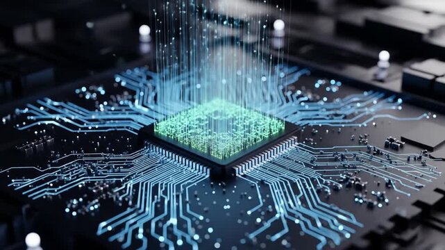 Futuristic Microchip Powering Data Flow on a Circuit Board: A Glimpse into Future Technology and Connectivity, showcasing seamless information exchange and computational strength