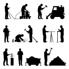 Naklejka premium Silhouette illustrations depict various construction and industrial activities, showcasing workers operating machinery, welding, and handling materials against a clean white backdrop.