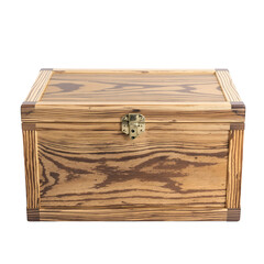 A vintage wooden treasure chest with ornate metal clasp and decorative striped wood detailing, isolated on a white background.