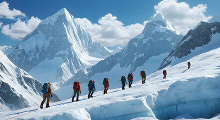 Team of Climbers Ascending Snowy Mountain Ridge in Alpine Expedition