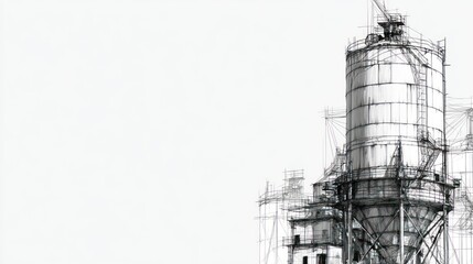 Sketch of cylindrical industrial tanks and scaffolding against a blank canvas