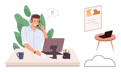 Male professional assisting customers through a headset, working on desktop amid plants and a tidy desk. Ideal for communication, work, consulting, customer service, productivity, online support