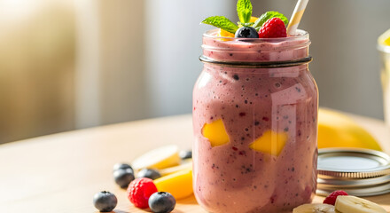 A vibrant mixed berry smoothie, overflowing with natural sweetness and invigorating flavors, presented in a mason jar adorned with fresh mint, embodying healthy indulgence and a refreshing start to
