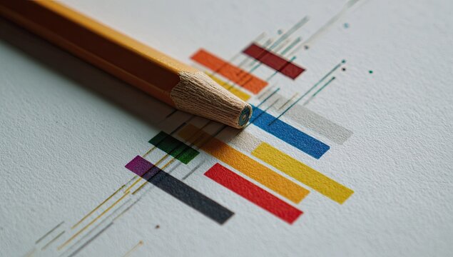 Pencil over colorful bars and lines on white textured paper, detailed close-up