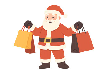 Santa claus holding shopping bags with a black background and small white squares scattered around him on transparent background