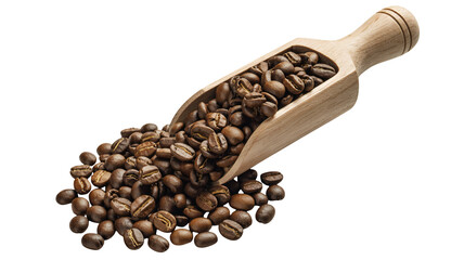 Fototapeta premium Roasted coffee beans cascading from a rustic wooden scoop