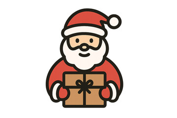 A cartoon santa claus holding a present with a red hat and a white beard on a black background on transparent background