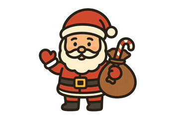 Cartoon santa claus waving with a bag of gifts and a candy cane on a black background image on transparent background