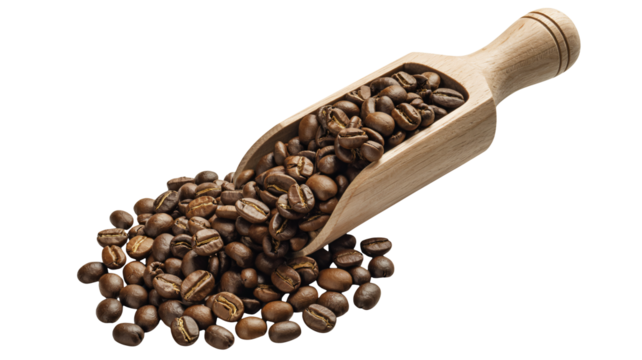 Roasted coffee beans cascading from a rustic wooden scoop