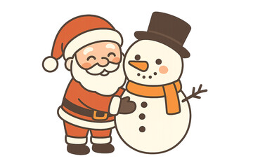 An illustration of santa claus hugging a snowman with a hat and scarf on a black isolated background on transparent background