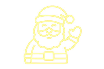 A yellow neon outline of santa claus waving on a black background for christmas holiday season cheer on transparent background