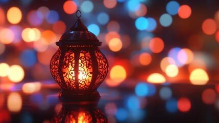 Fototapeta premium Glowing Ramadan Lantern in Festive Lights