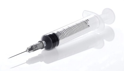 Precise medical syringe with sharp needle ready for sterile injection, healthcare tool on clean white background