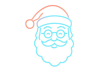 Fototapeta premium A neon santa claus face with a red hat and blue beard on a black background in a simple line drawing on transparent background