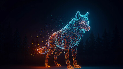 Geometric Wireframe Wolf with Glowing Particles - Cyberpunk Animal Art