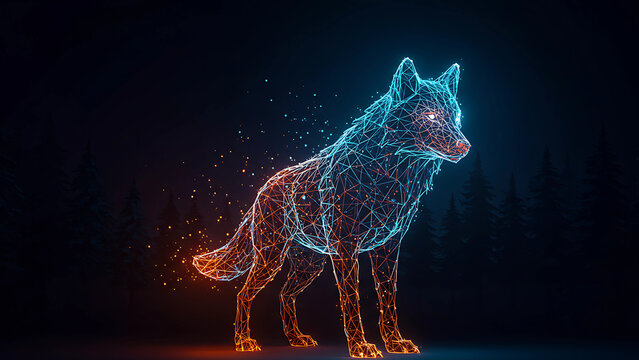 Geometric Wireframe Wolf with Glowing Particles - Cyberpunk Animal Art