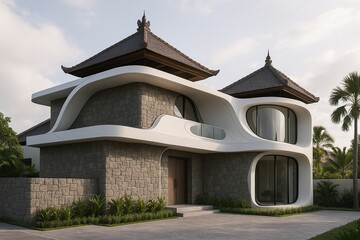 Exterior Design of House. Futuristic Style Mix Balinese House Style