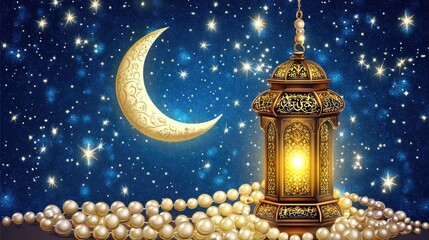 Ramadan Lantern Night: Crescent Moon, Stars, and Pearls