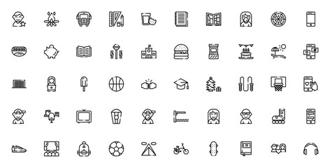 Teen age icon set. Youth vector illustrations. Includes symbols for school, friends, social media, sports, hobbies, food, graduation and more. Editable stroke.