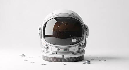 Fototapeta premium A still life of an astronaut helmet with stars and planets on a white surface and background on transparent background