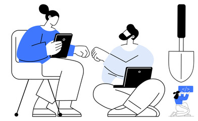 Two professionals engage in teamwork using laptops and tablets, exchanging ideas with a fist bump. Ideal for collaboration, teamwork, tech design, project planning, productivity, innovation, simple