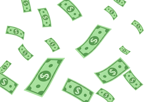 Falling dollar bills isolated on transparent background