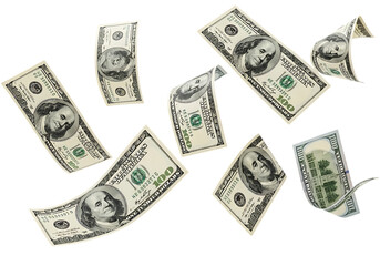 Scattered us hundred dollar bills isolated on transparent background