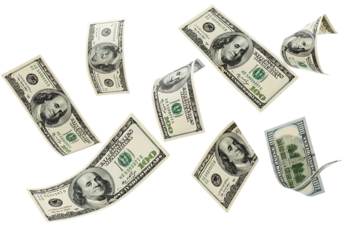 Scattered us hundred dollar bills isolated on transparent background