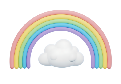 Pastel rainbow arch with a fluffy white cloud isolated on transparent background