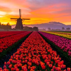 Colorful tulip field at sunrise with windmill