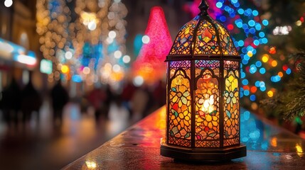 An illuminated Islamic lantern with ornate carvings and glowing patterns, resting on a smooth surface, with a blurred bokeh effect of festive lights in the background 