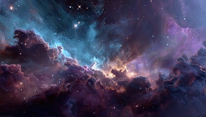 Obraz premium Cosmic clouds & stars shimmer, a vibrant nebula in blues, purples, and oranges