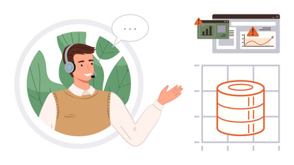 Customer service representative wearing a headset, presenting information on charts, graphs, and system alerts. Ideal for customer support, IT troubleshooting, data analysis, communication, technical