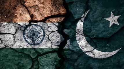 Cracked wall with India and Pakistan flags side by side symbolizing conflict, division, rivalry, and geopolitical tension between neighboring nations