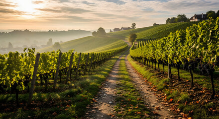 Captivating vineyard landscape on gentle hills illuminated by the soft light of dawn, a serene pathway guiding through lush greenery, evokes a sense of peaceful countryside tranquility