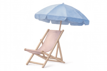 Watercolor wooden deck chair sporting pink canvas, resting beneath light blue parasol on transparent backdrop