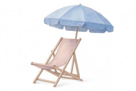 Watercolor wooden deck chair sporting pink canvas, resting beneath light blue parasol on transparent backdrop