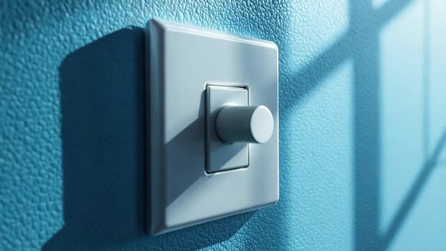 Modern White Light Dimmer Switch on Textured Blue Wall with Dramatic Shadow and Bright Light