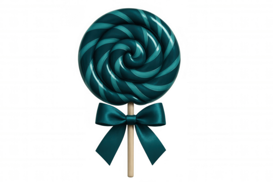 Teal swirl lollipop decorated with teal bow on wooden stick, isolated on transparent background, perfect for sweet and festive designs